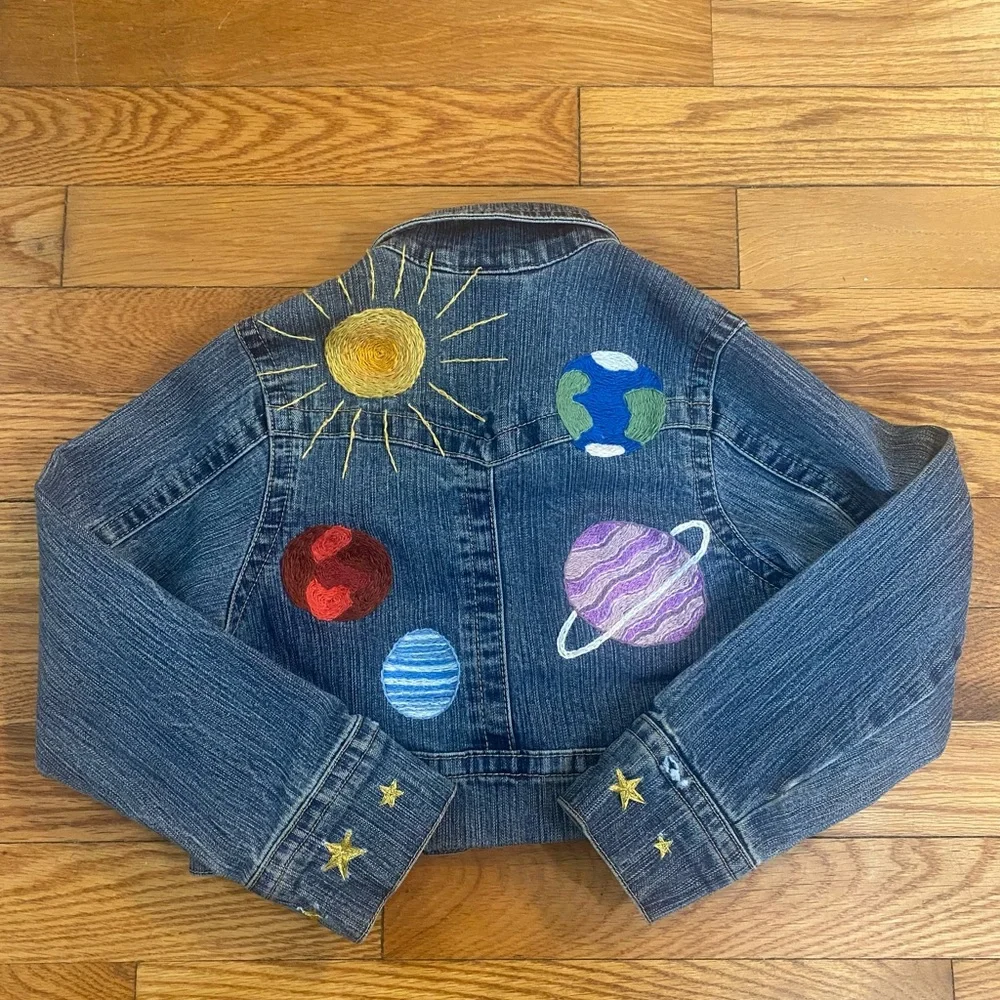 Custom Hand Embroidered Girls Denim‎ Jean Jacket w/Colorful Sun, Planets & Stars - Picture 4 of 14